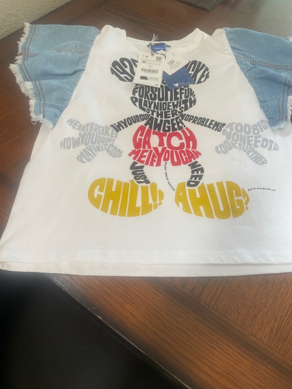 Zara White Tee with Denim Puff Sleeves and Multicolor Word Art